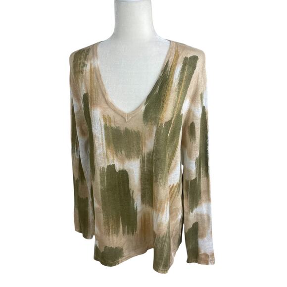 Melarosa Italy Linen Printed V-Neck Sweater Watercolor Size Medium Artsy Unique - Picture 2 of 10